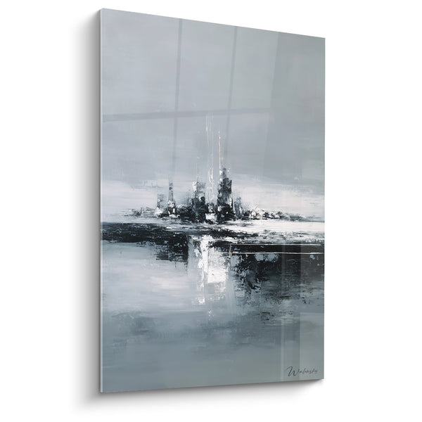 Abstract Schilderij Grijs en Wit met Waterreflecties - Moderne Serene - Feng Shui West Metal Editie
