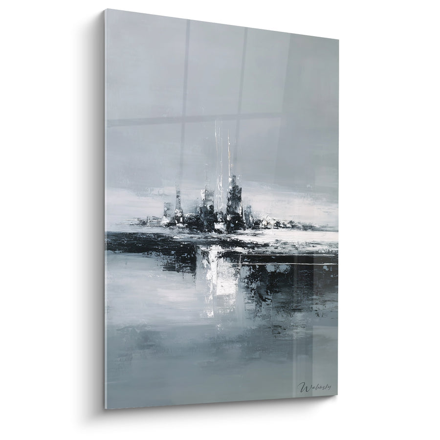 Tableau Abstrait Gris et Blanc avec Reflets Aquatiques - Sérénité Moderne - Edition Feng shui Ouest Métal