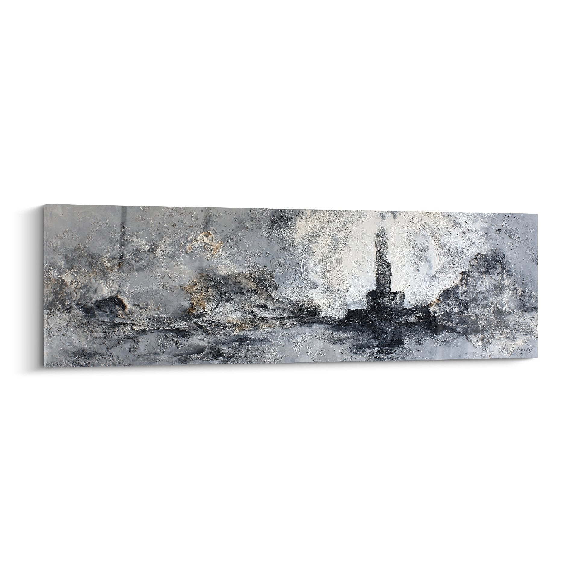 Tableau abstrait gris et blanc avec silhouette sombre centrale, nuances métalliques feng shui nord-ouest