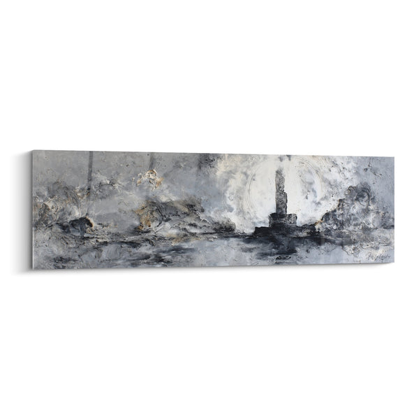 Cuadro abstracto gris y blanco con silueta oscura - Tormenta Metálica - Edición Feng Shui Noroeste Metal