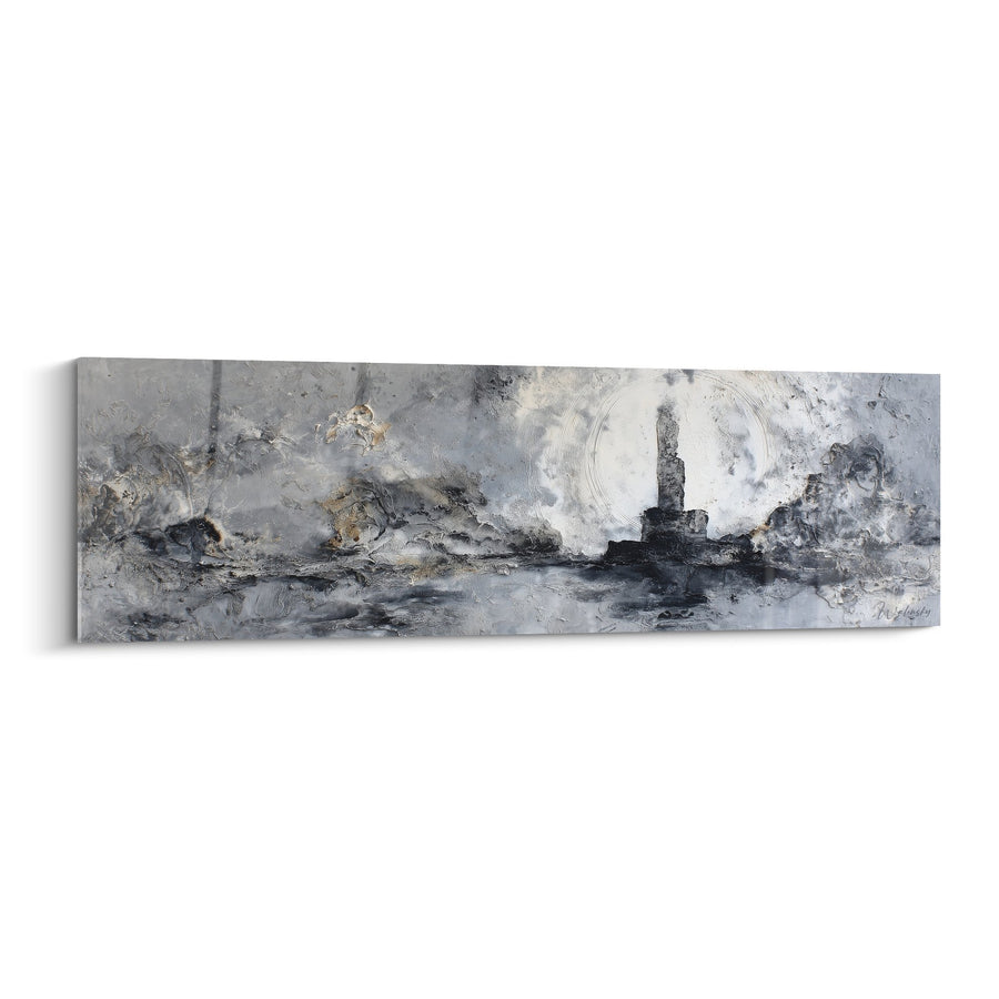 Tableau abstrait gris et blanc avec silhouette sombre - Tempête Métallique - Edition Feng shui Nord-Ouest Métal