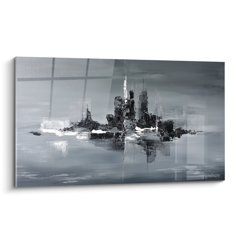 Tableau abstrait gris et blanc avec silhouettes urbaines - Reflets Métalliques - Edition Feng shui Ouest Métal