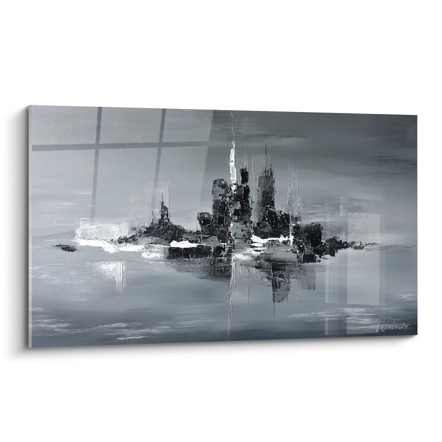 Tableau abstrait gris et blanc avec silhouettes urbaines - Reflets Métalliques - Edition Feng shui Ouest Métal