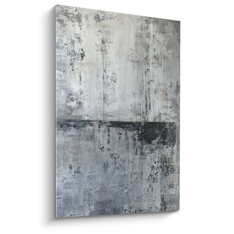 Obraz abstrakcyjny w odcieniach szarości i błękitu z patynowanymi teksturami - Harmonia Metaliczna - Edycja Feng Shui Północno-Zachodni Metal