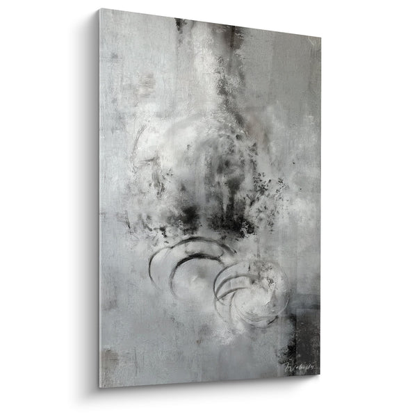 Tableau abstrait monochrome gris avec cercles et textures expressives - Écho Métallique - Edition Feng shui Nord-Ouest Métal