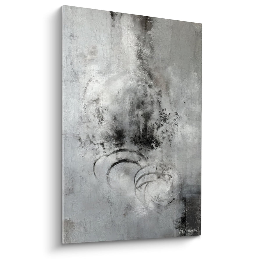 Obraz abstrakcyjny monochromatyczny w odcieniach szarości z kółkami i wyrazistymi teksturami - Echo Metaliczne - Edycja Feng Shui Północny-Zachód Metal