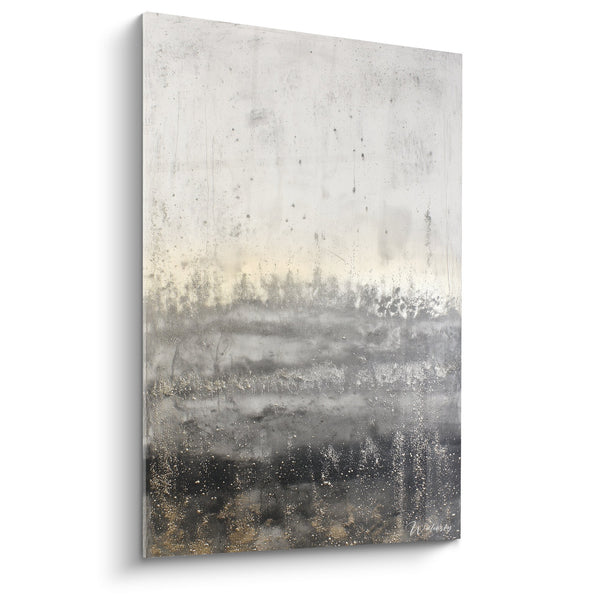Abstract Landschap Schilderij Grijs en Goud met Metalen Tinten - Mineraal Evenwicht - Feng Shui West Metal Editie