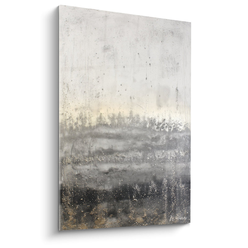 Abstract Landscape Painting Gray and Gold with Metallic Nuances - Mineral Serenity - Feng shui West Metal Edition