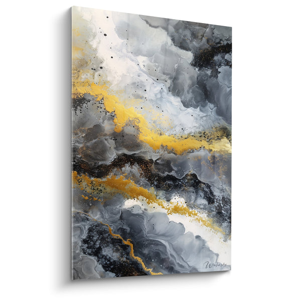 Abstract Schilderij Grijs Geel Goud met Vloeiende Bewegingen en Spetters - Gouden Wolken - Feng Shui Noordoost Metalen Editie