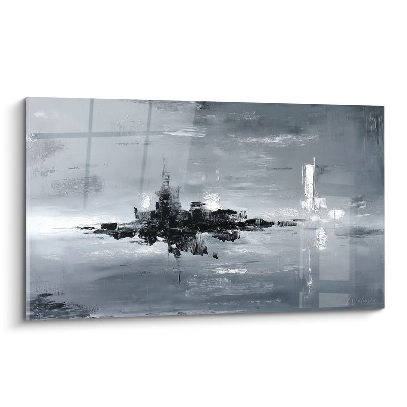 Tableau abstrait gris et noir avec reflets métalliques - Contemplation urbaine - Edition Feng shui Ouest Métal