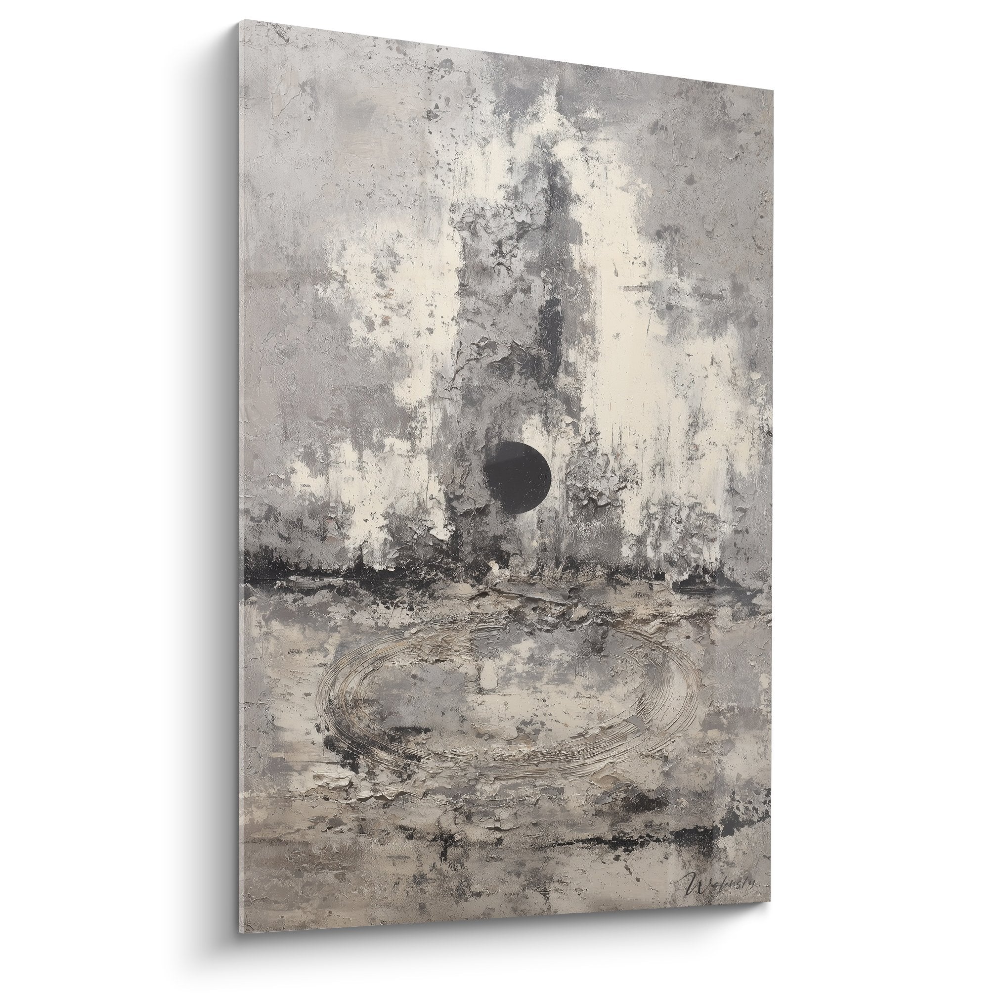 Tableau abstrait moderne gris et noir avec cercle sombre et spirale texturee feng shui metal
