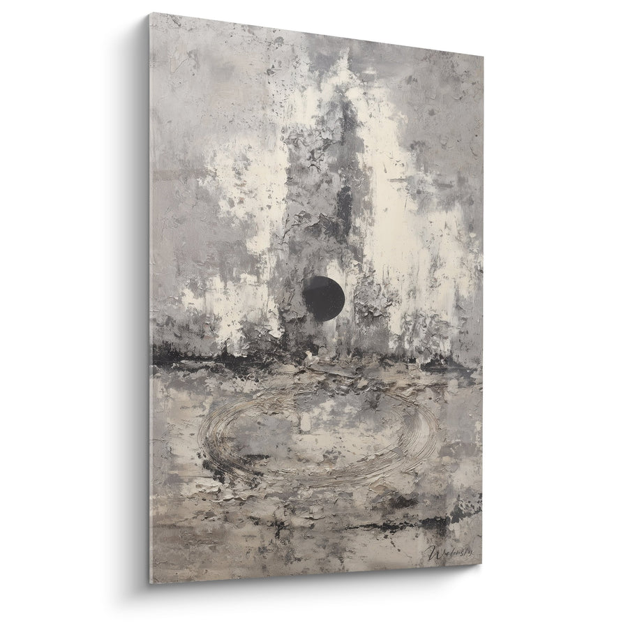 Obraz abstrakcyjny w odcieniach szarości i czerni z ciemnym okręgiem i teksturalną spiralą - Harmonia Mineralna - Edycja Feng Shui Północny-Zachód Metal