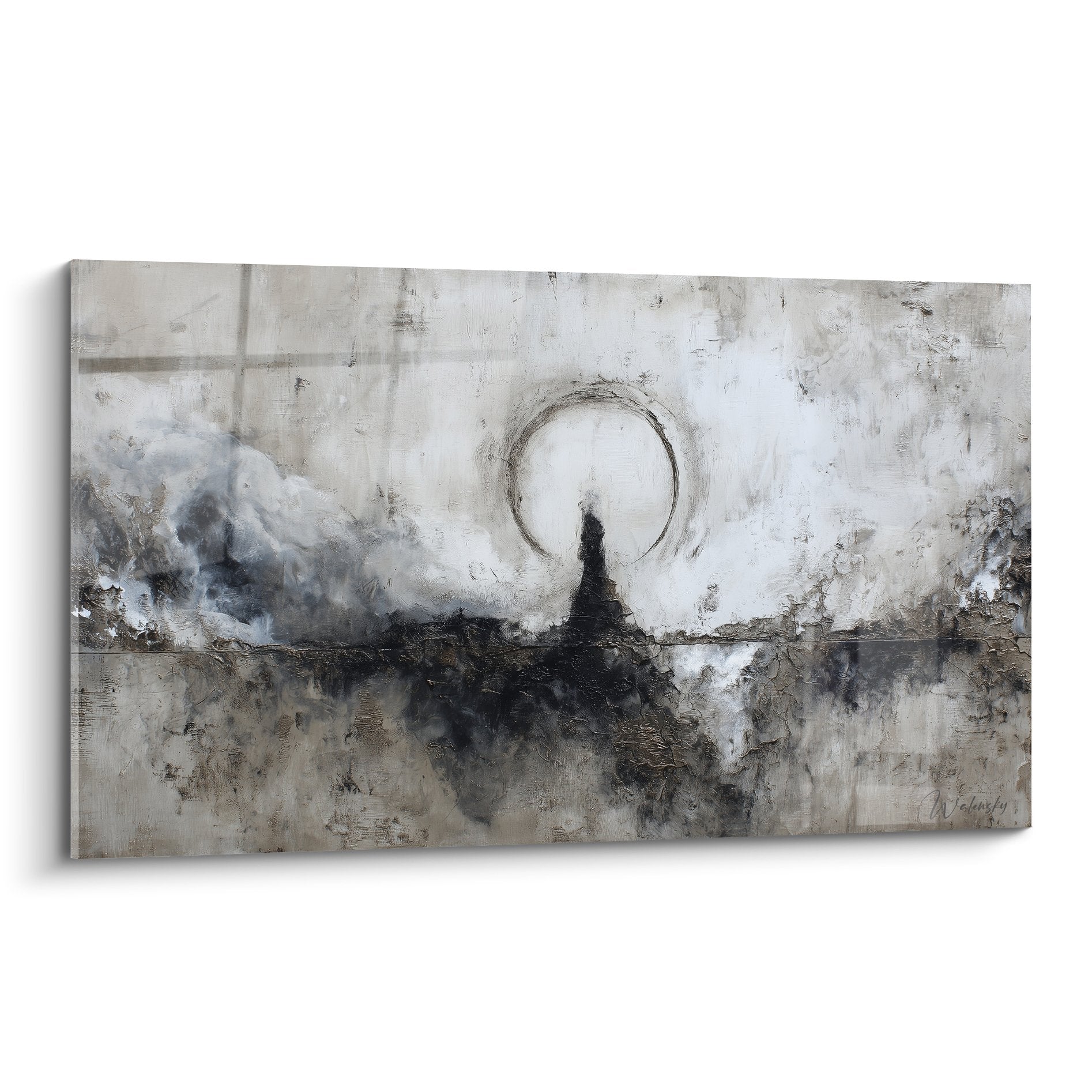Tableau abstrait moderne gris et noir avec cercle blanc central sur toile texturée feng shui metal