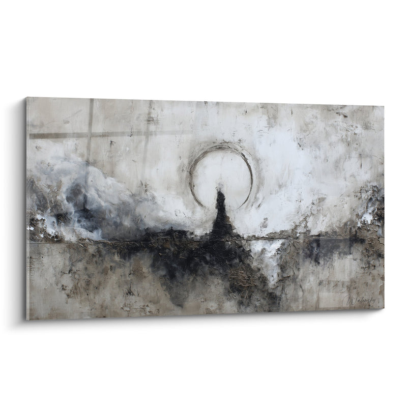 Tableau abstrait gris et noir avec cercle lumineux sur fond texturé - Méditation Urbaine - Edition Feng shui Nord-Ouest Métal