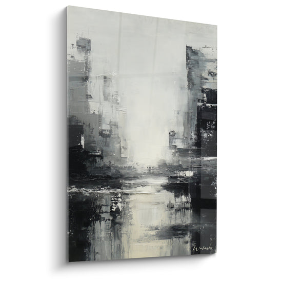 Tableau abstrait monochrome gris noir aux textures empâtées et coulures blanches edition feng shui ouest métal