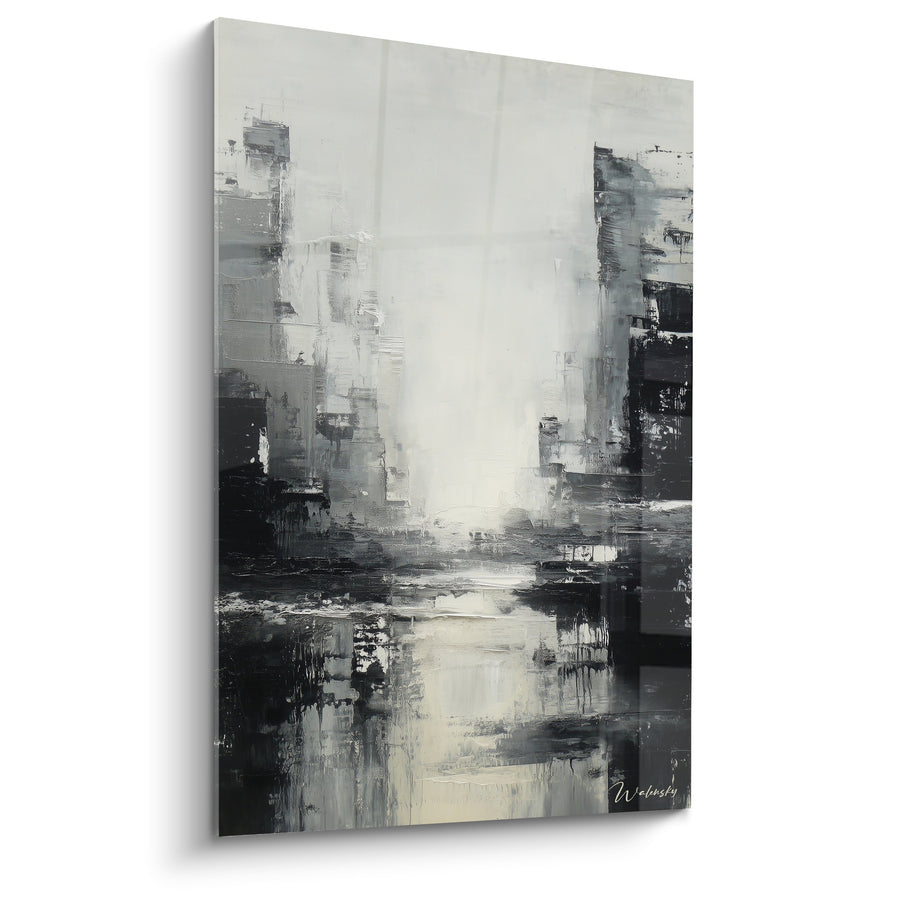 Tableau Abstrait Monochrome Gris et Noir aux Textures Superposées - Équilibre Minéral - Edition Feng shui Ouest Métal