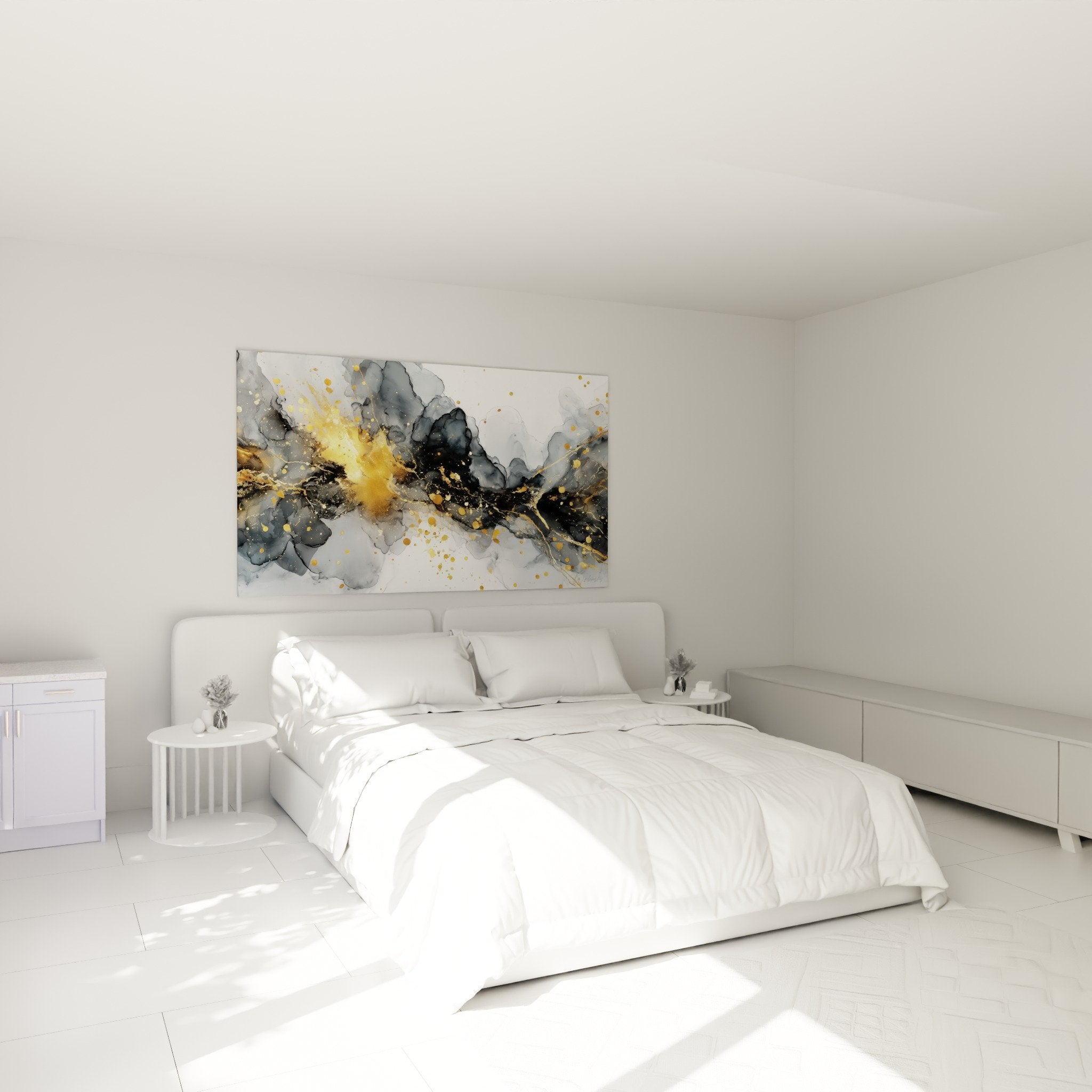 Abstraktes grau-goldenes Gemälde in modernem Schlafzimmer mit eleganter zeitgenössischer Dekoration installiert