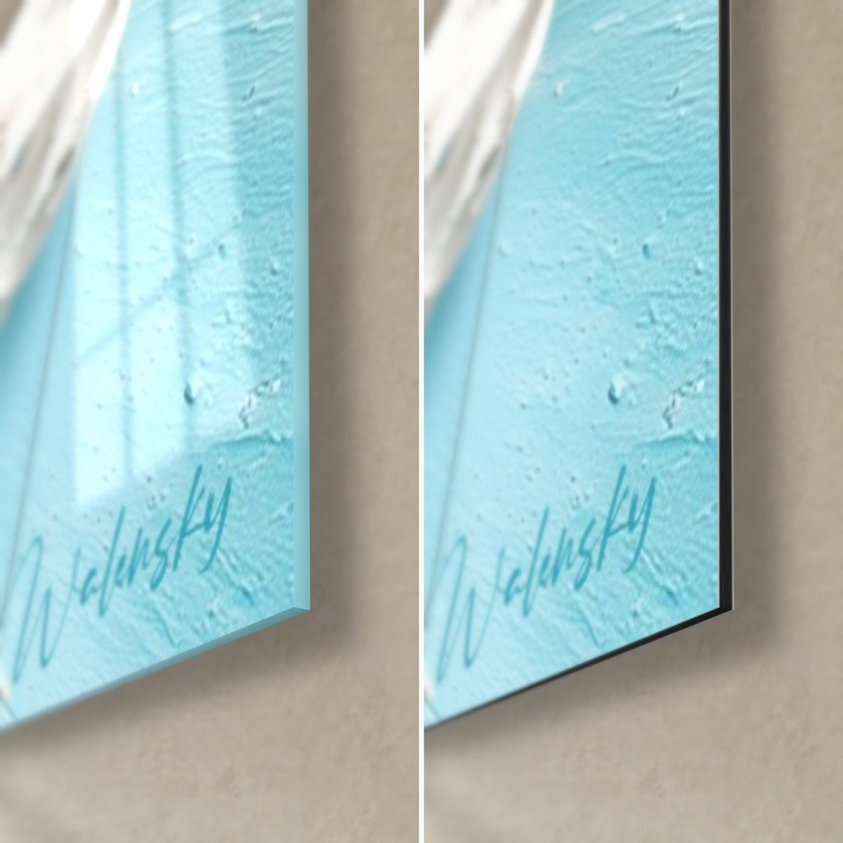 Wall art with raised white paint texture on sky blue, Walensky signature, bottom right corner: glossy glass on the left, matte Dibond on the right