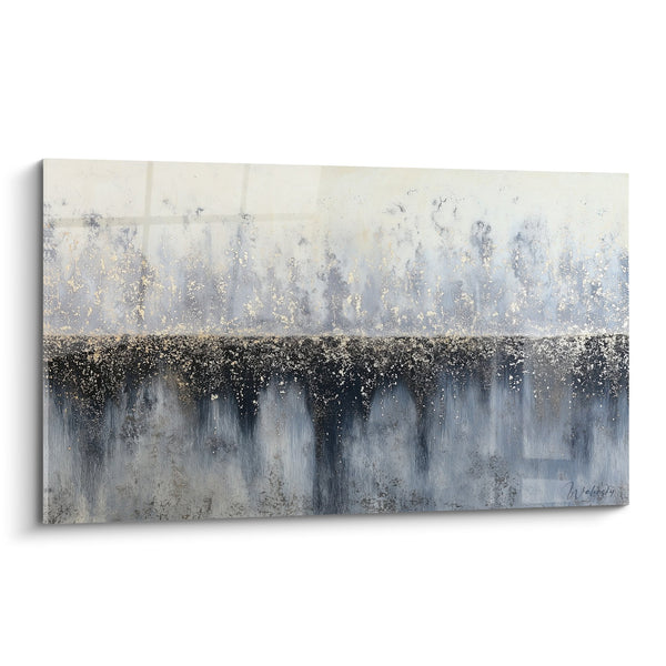 Abstract schilderij blauwe en witte horizon met gouden textuur - Metalen sereniteit - Feng shui West editie