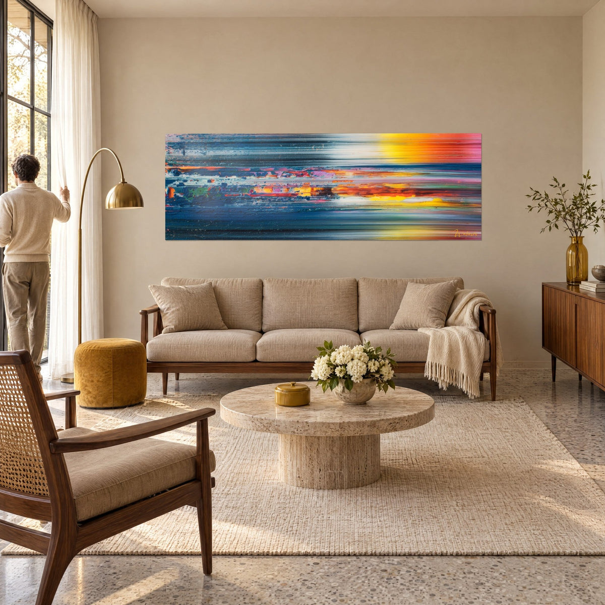 Cuadro paisaje abstracto con vetas horizontales azul acero y sol amarillo anaranjado, un hombre de espaldas, sobre un sofá en un salón luminoso