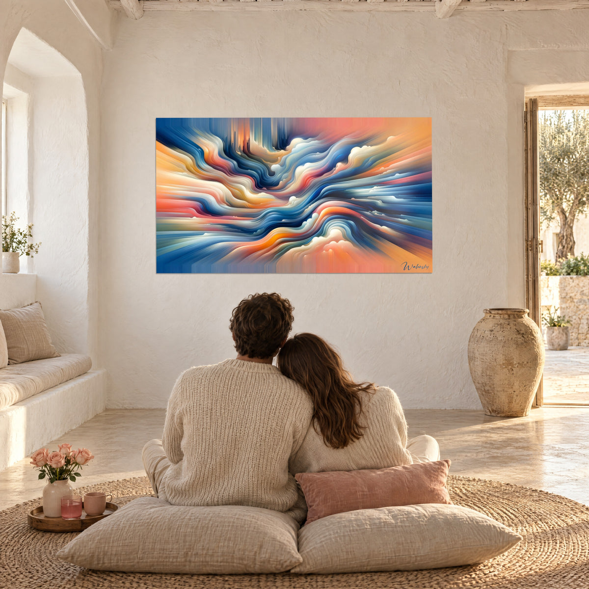 Cuadro de oleaje cromático en coral, azul real y arena dorada, pareja sentada de espaldas sobre cojines frente a la pared blanca