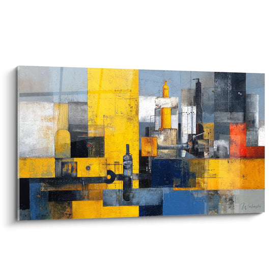Quadro astratto industriale con tonalità gialle e blu che evoca strutture meccaniche urbane