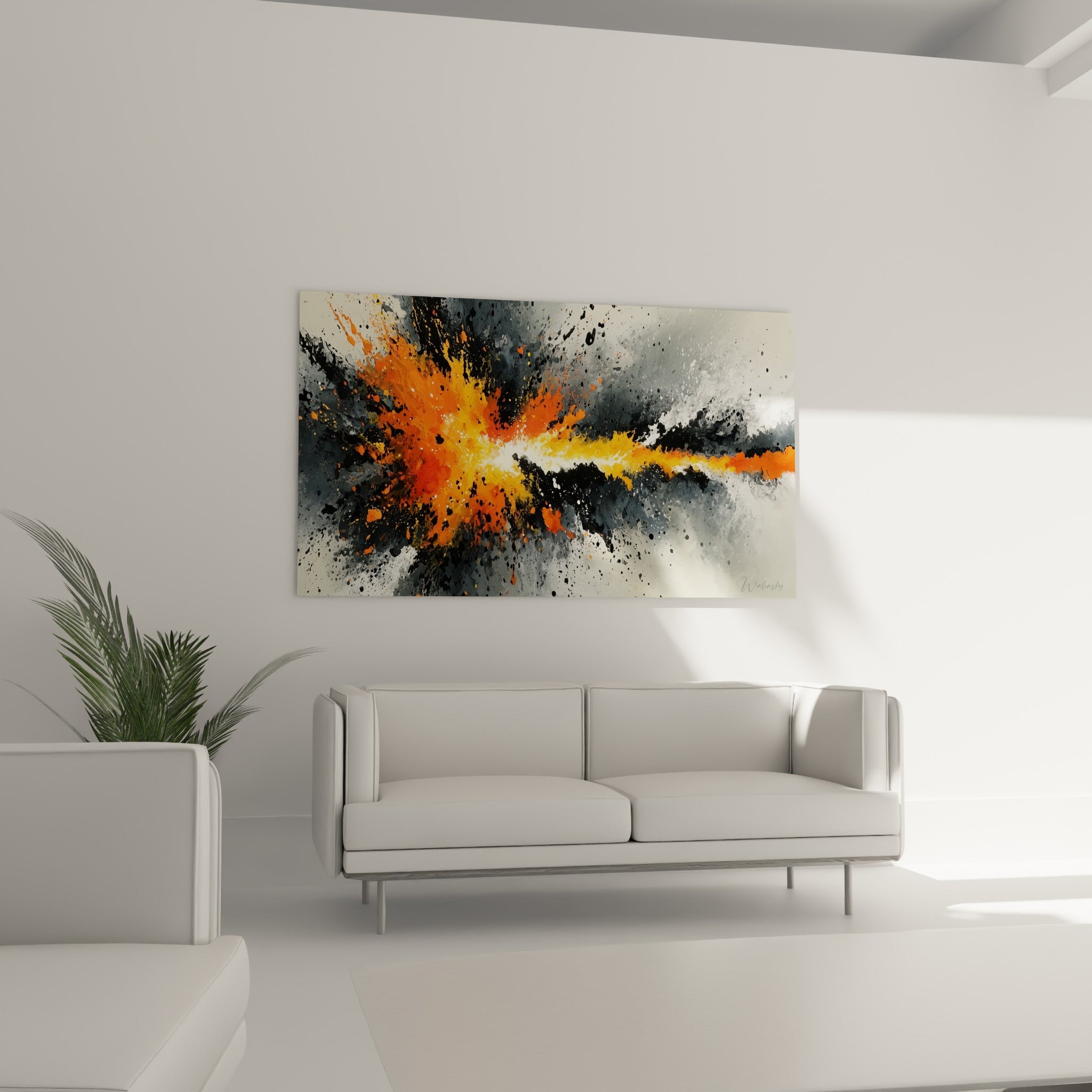 Jaillissement incandescent orange et blanc sur fond gris fumé, au-dessus d'un canapé dans un salon lumineux