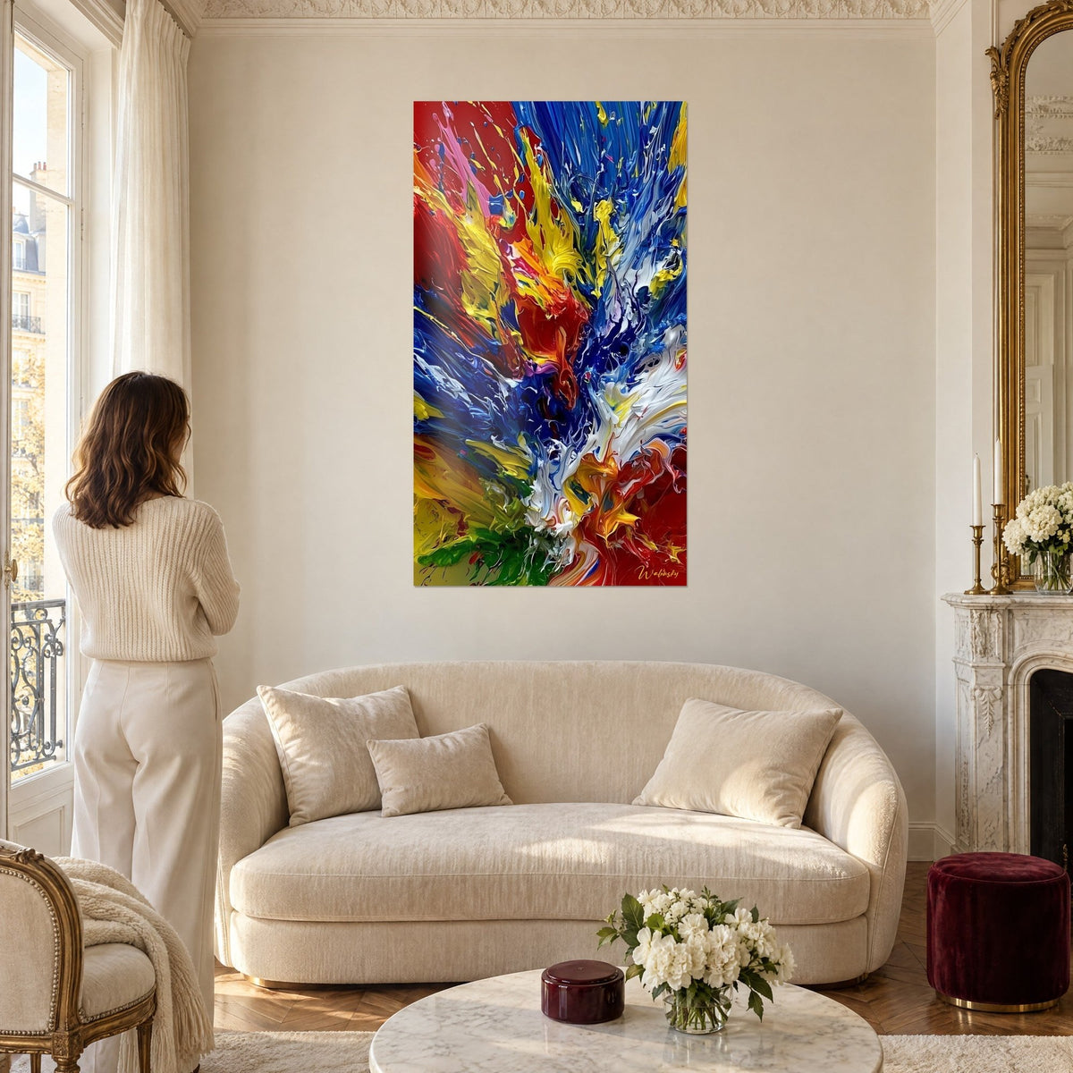Cuadro con salpicaduras de pintura azul cobalto y amarillo vivo sobre fondo rojo, empastes blancos, encima de un sofá en un salón luminoso