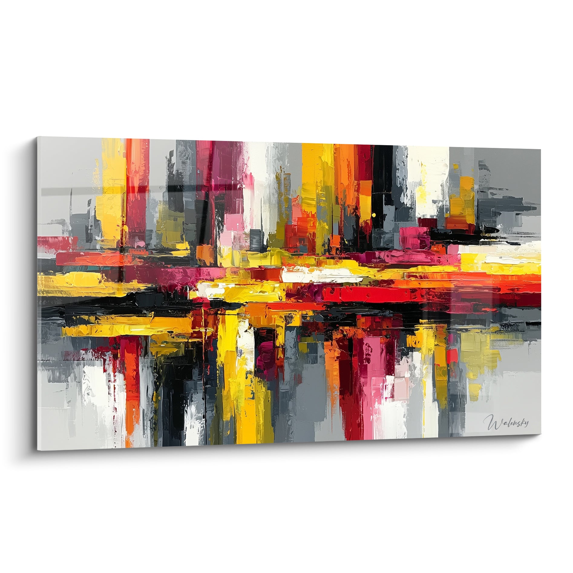 Bandes verticales jaune vif et rouge bordeaux composant ce tableau style peinture abstrait texturé