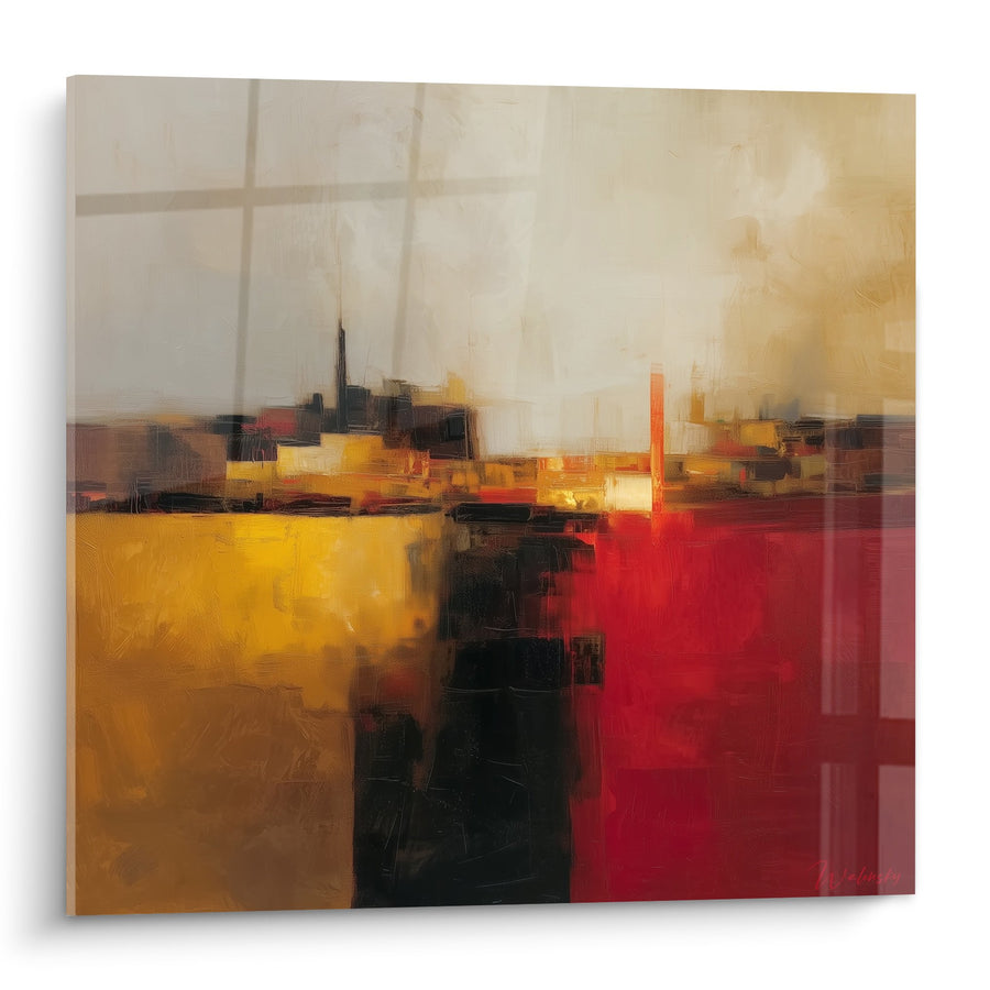 Tableau abstrait jaune ocre et rouge carmin avec touches noires - Harmonie urbaine - Edition Feng shui Sud Feu