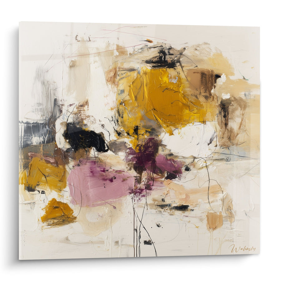 Tableau abstrait jaune ocre et violet sur fond beige - Harmonie chromatique - Edition Feng shui Sud-Est Bois