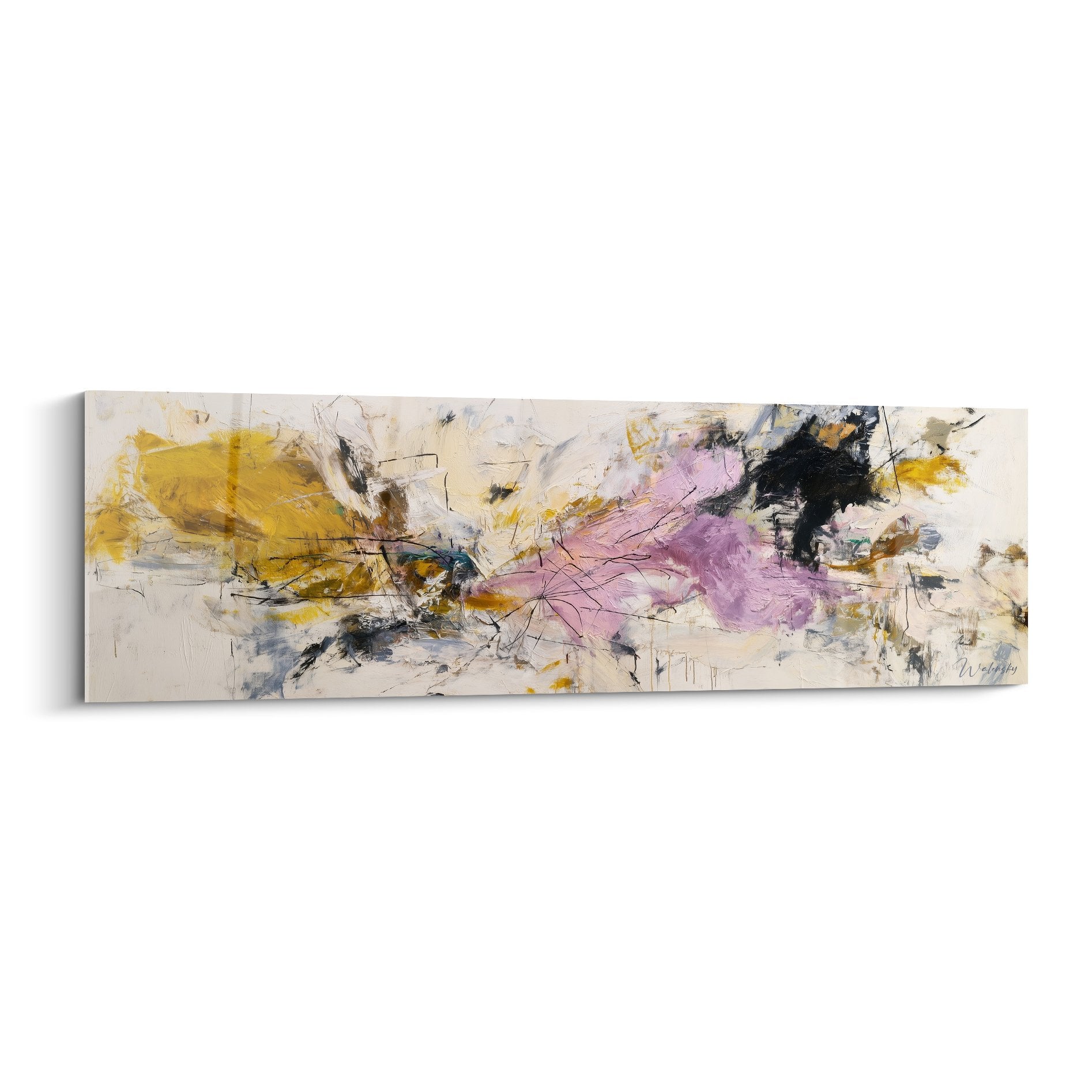 Tableau abstrait aux taches jaunes et violettes avec traits noirs expressifs sur fond beige - art contemporain