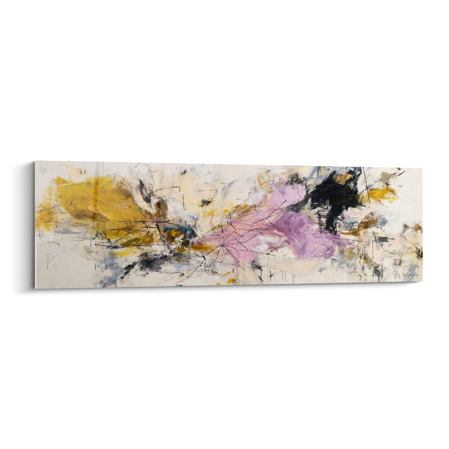 Tableau abstrait aux taches jaunes et violettes sur fond beige - Harmonie Chromatique - Edition Feng shui Sud-Est Bois