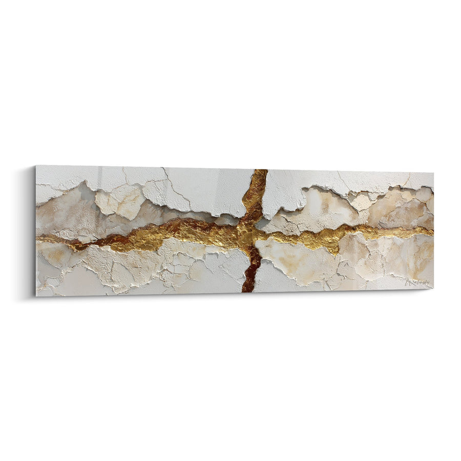 Tableau Abstrait Fissures Dorées sur Fond Beige et Blanc - Kintsugi Moderne - Edition Feng shui Centre Terre