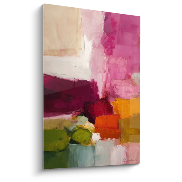 Abstract schilderij in heldere kleuren magenta roze oranje en groen - Energetische Harmonie - Feng shui Zuid Vuur Editie