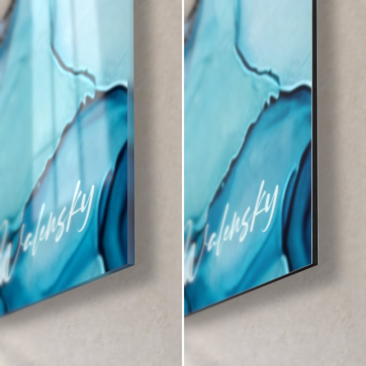 Tableau faille incandescente bleu turquoise et or, coin bas droit : verre acrylique brillant à gauche, Dibond mat, tranche 3 mm