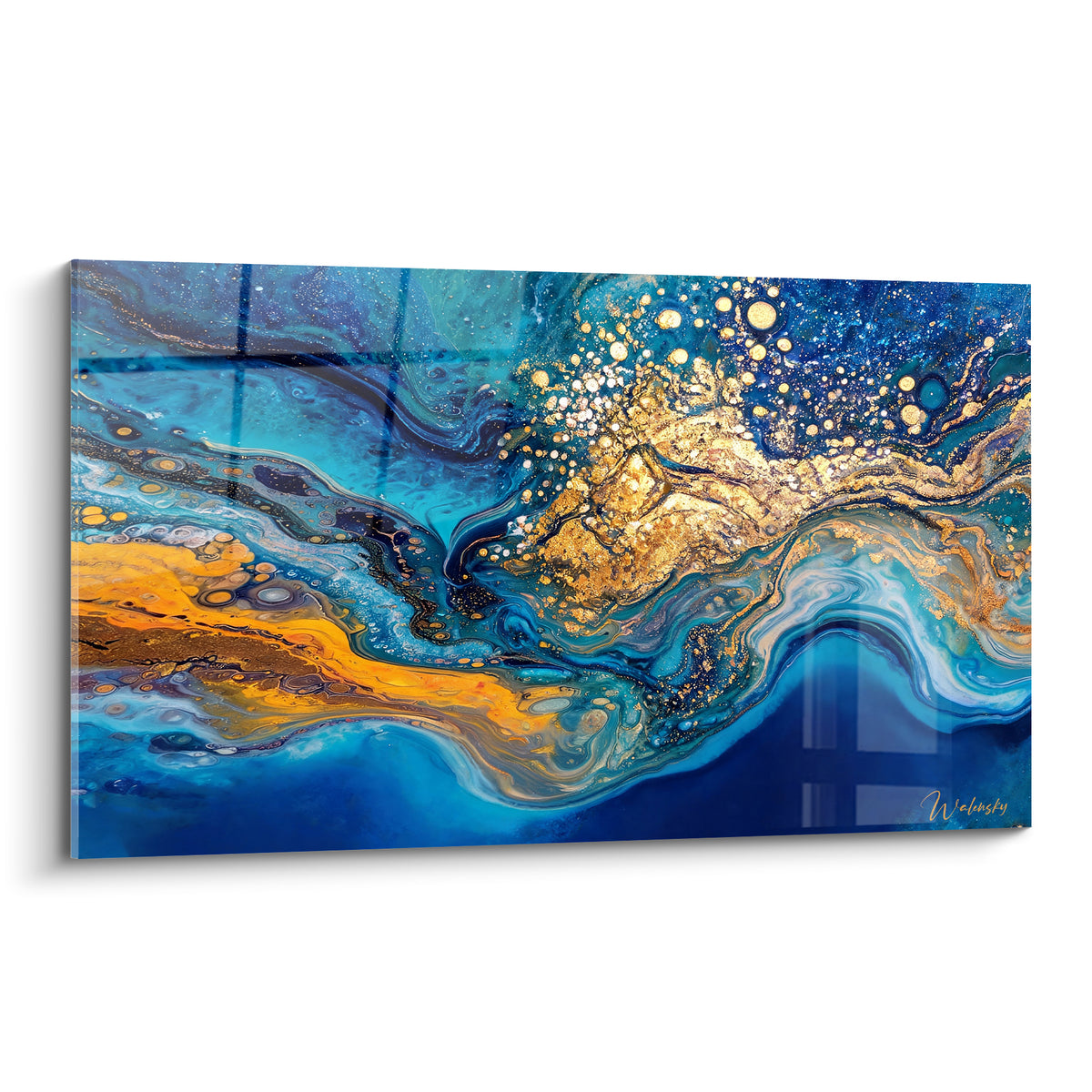 Tableau marbre bleu marine et doré en plein cadre, veines fluides et éclats lumineux