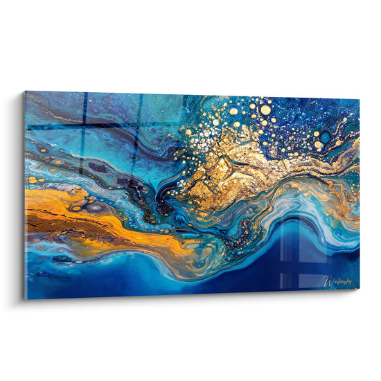 Tableau Amas de pépites bleu et or éclaboussé - Nuage de paillettes - Edition Abstrait marbre bleu