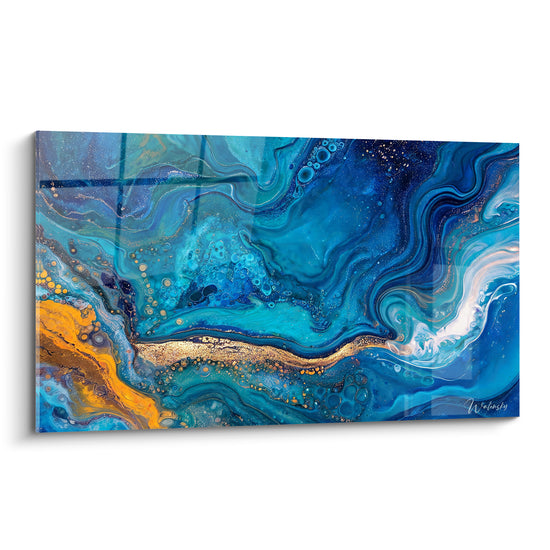 Tableau Vagues de marbre bleu et doré - Courant doré - Edition Abstrait marbre bleu
