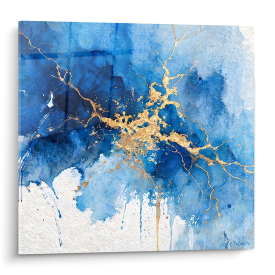 Tableau Éclair doré sur fond bleu et blanc - Décharge céleste - Edition Abstrait marbre bleu
