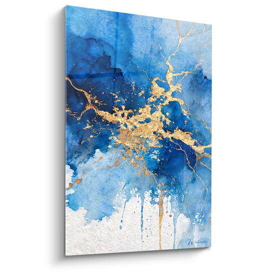 Tableau Marbrure bleu et or aux coulures dorées - Éclosion minérale - Edition Abstrait marbre bleu