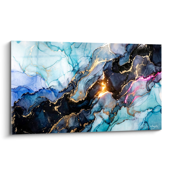 Tableau Marbrures bleu nuit et turquoise dorées - Lueur sous la roche - Edition Abstrait marbre bleu