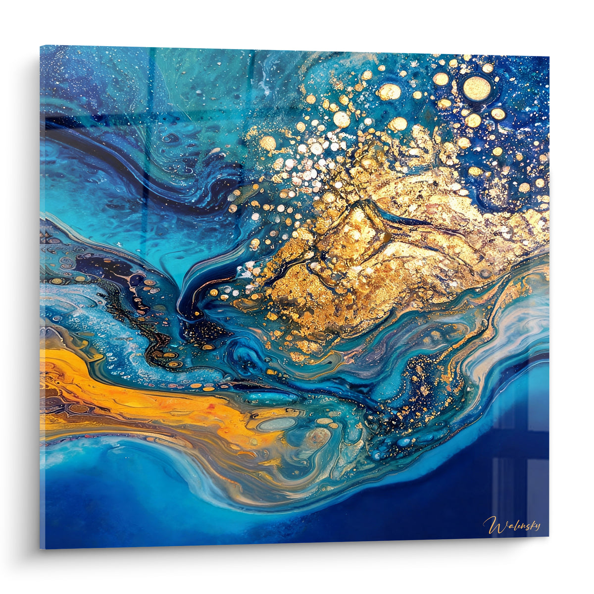 Tableau marbrures bleu turquoise et or déployées en vagues fluides sur toile carrée