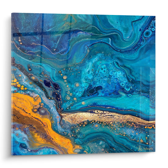 Tableau Marbrures turquoise et dorées aux bulles translucides - Lagon doré - Edition Abstrait marbre bleu