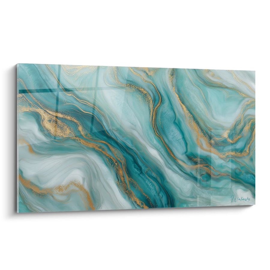 Tableau tourbillons turquoise et dorés dans une danse fluide - Mouvement Aquatique - Edition Abstrait marbre bleu