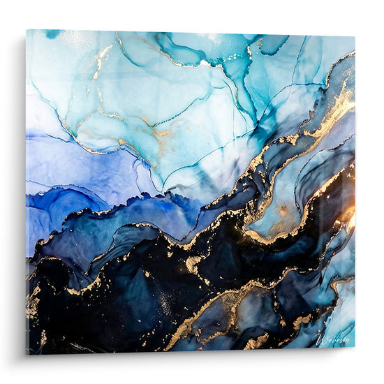 Tableau Vagues de marbre turquoise et anthracite dorées - Gouffre scintillant - Edition Abstrait marbre bleu