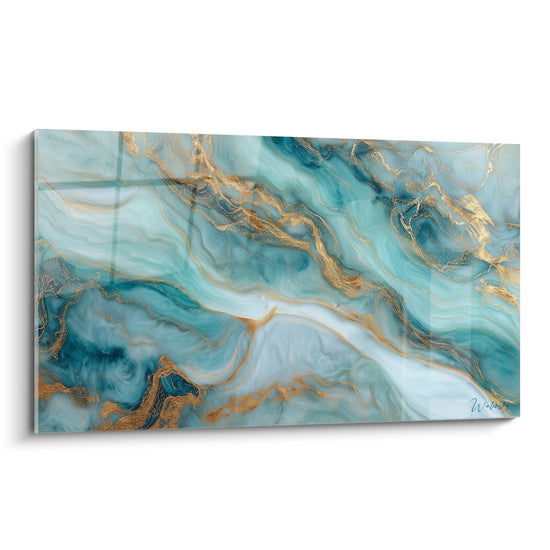 Tableau abstrait marbre bleu avec ondulations turquoise et veines dorees fluides sur toile moderne