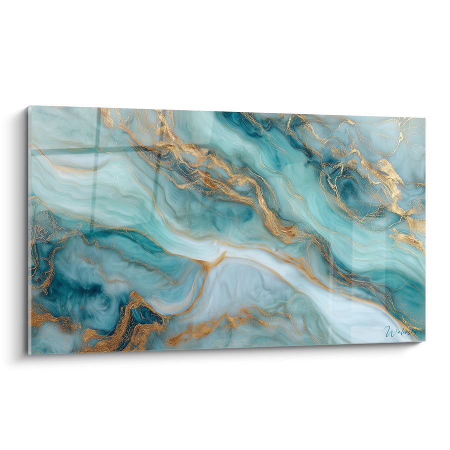 Tableau ondulations turquoise et dorées aux veines marbrées fluides - Harmonie aquatique - Edition Abstrait marbre bleu