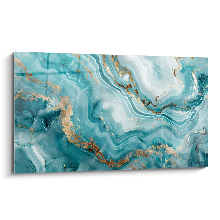 Tableau Fluides Turquoise et Dorés avec Effets Marbrés - Océan Précieux - Edition Abstrait marbre bleu