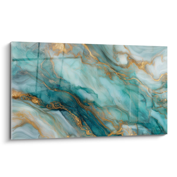 Abstract schilderij met turkoois en gouden tinten met vloeiende aderen - Oceaanontsnapping - Abstracte marmer editie blauw